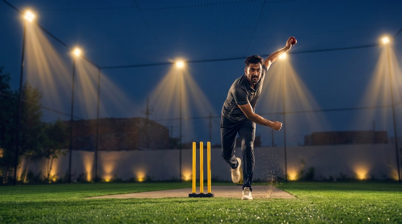 Bowler delivering under floodlights